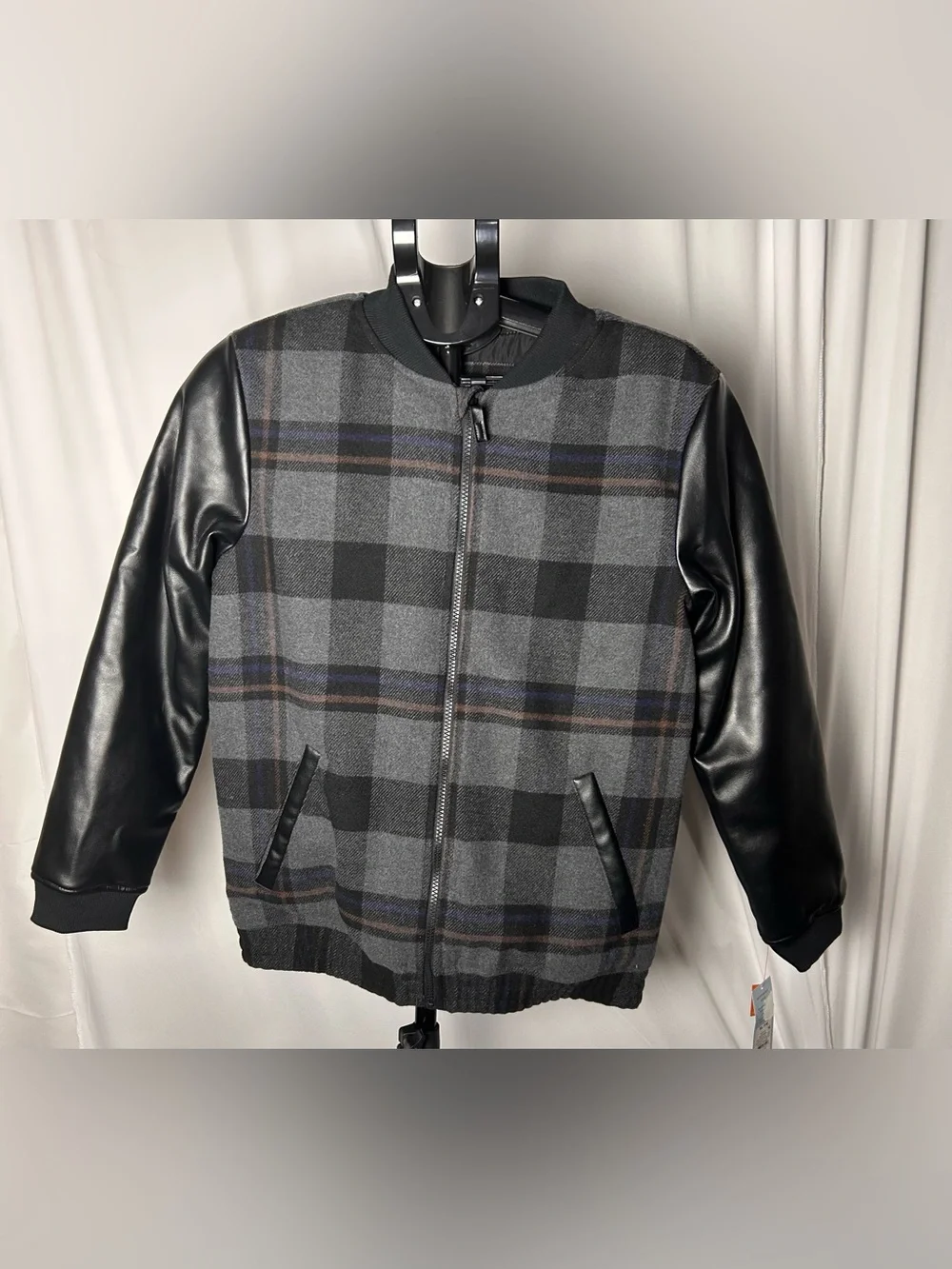 Cat & Jack Gray Plaid Bomber Jacket with Black Sleeves